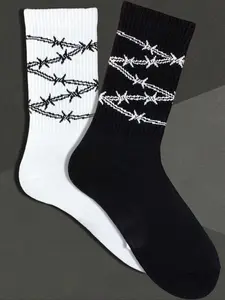 Women's & Thorns Pattern Knee-High Socks, Autumn Winter Everyday Casual Knit Elastic Cotton Socks, Soft Comfortable Warm Breathable Fit Socks Set