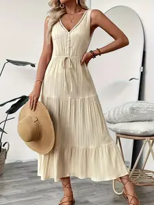 A women's off-white sleeveless V-neck dress with a drawstring waist, front cut-out, and half-open button front, for summer, beach vacations, street photography, dates, afternoon tea, etc.