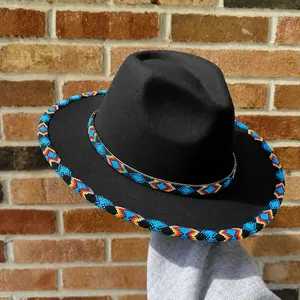 Dark Blue Pattern Fedora Hatband for Men Women Tribal Beaded Band & Brim
