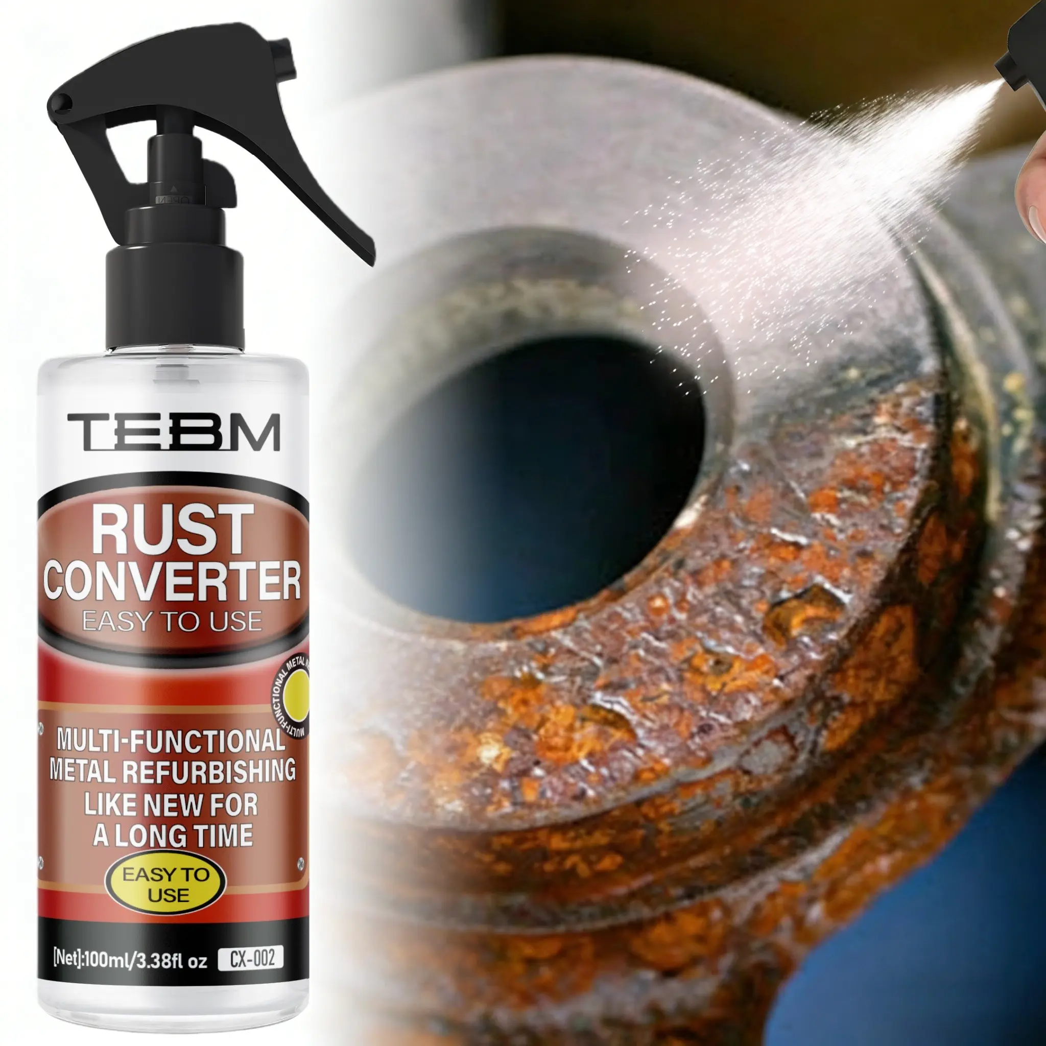 Powerful Metal Rust Remover Spray, Automotive Rust Remover, Ideal for Chrome, Iron, Alloy and Steel Surfaces, Easy to Use, No Residue, Safe for Plastic and Rubber, Perfect for Rust Removal in Cars and Homes, Rust Converter
