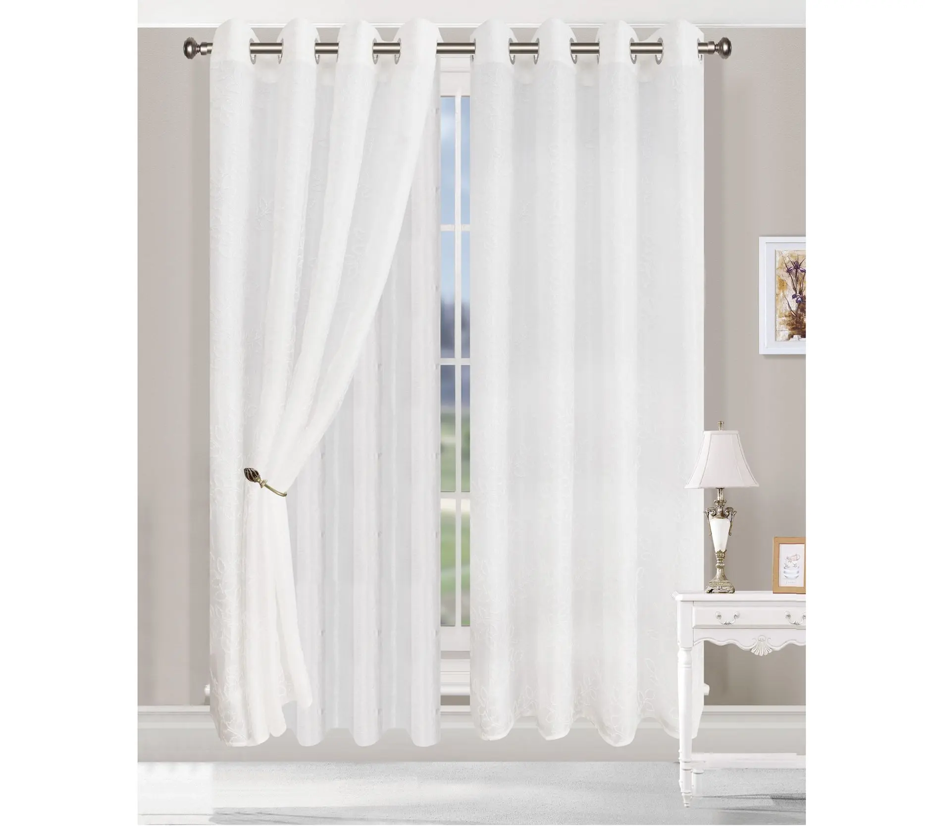 Superior Embroidered Foliage Grommet Curtain Panel, 52 X 108