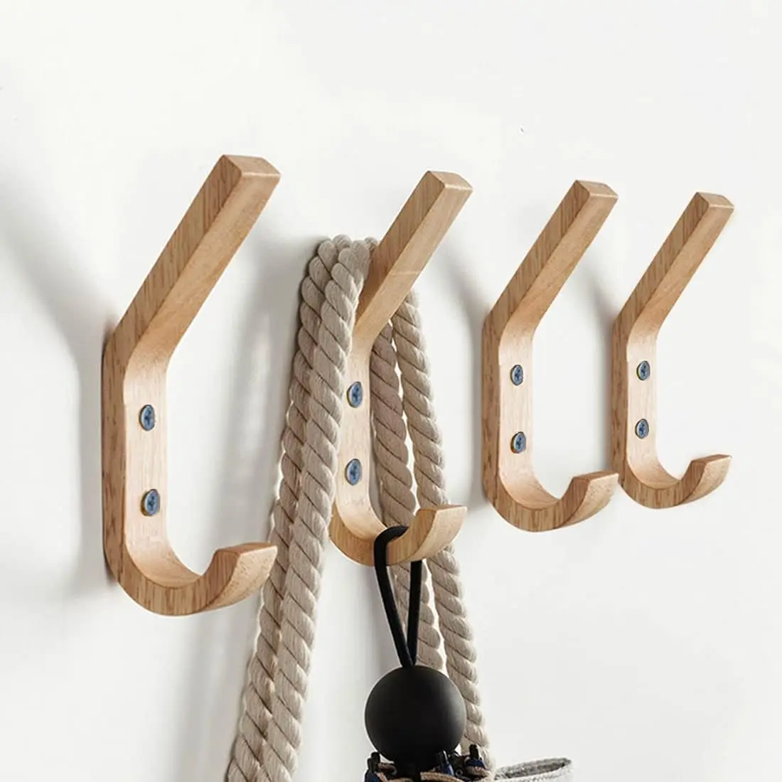 6pcs Oak J-Shaped Polished Natural Wooden Hooks - Rustic Minimalist Wall-Mounted Organizer with Screws for Easy Installation, Kitchen & Entryway Storage Solution