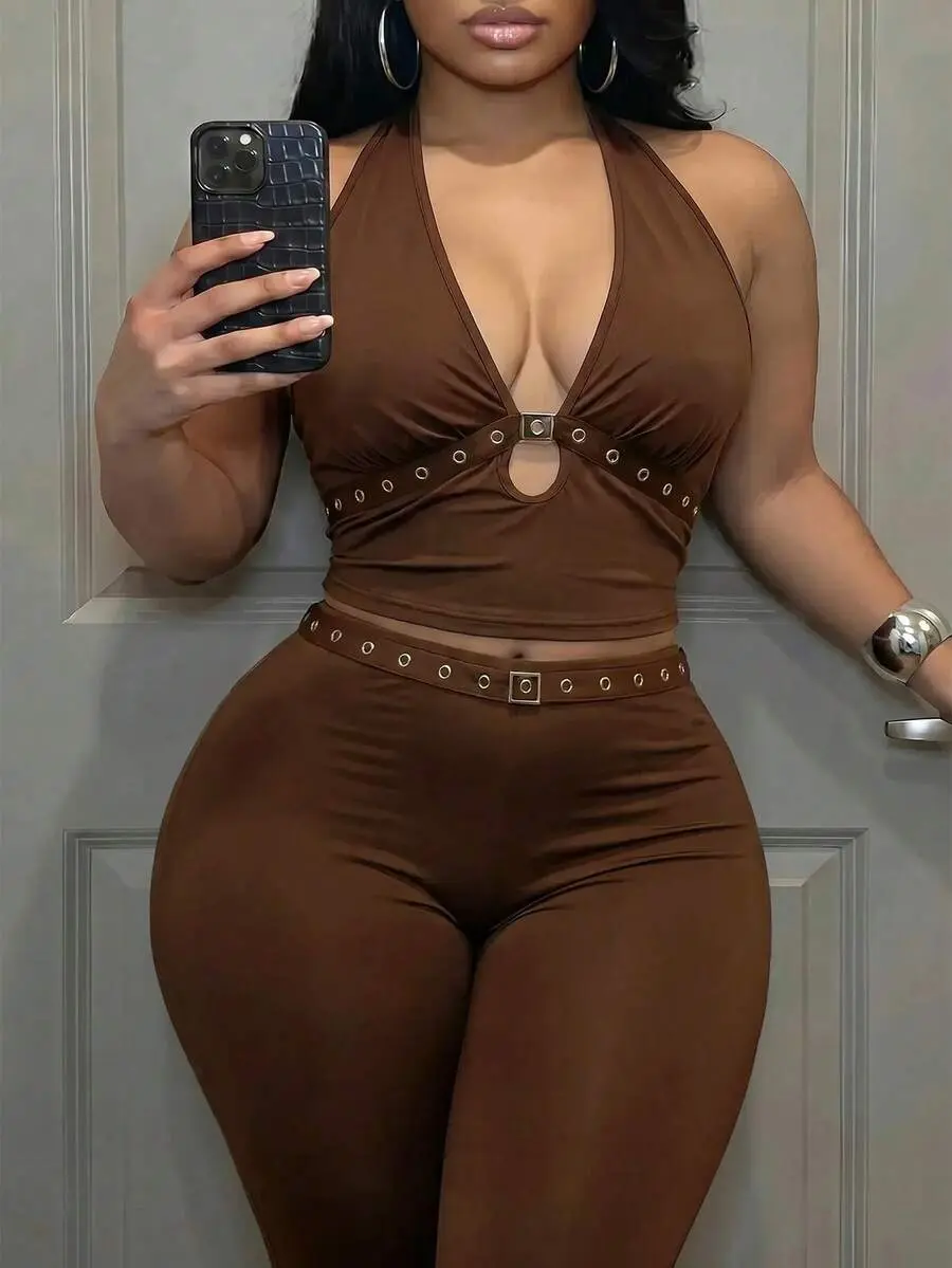 ELIEEN Plus Size Chocolate Brown Halter Top and Flared Pants 2 Piece Set Women Summer 70s Eyelet Webbing Night Out Club Party Outfits