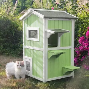 Petscosset Outdoor Wooden Cat House with Asphalt Roof, Escape Door, Balcony, Easy to Clean, Lockable Entrance, 23.5" L x 17.3" W x 37.8" H Kitten Animal