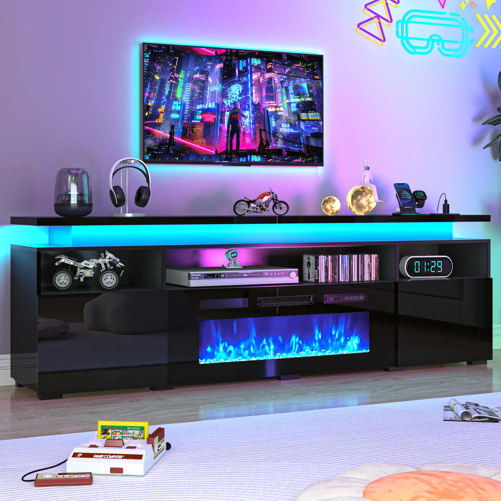 70"/82.6" Fireplace TV Stand w/40 Electric Fireplace for 85in/95in TVs, 26.5" Tall High Gloss Entertainment Center w/Fireplace, TV Media Console w/Charging Station, LED Lights for Living Room, Black/White