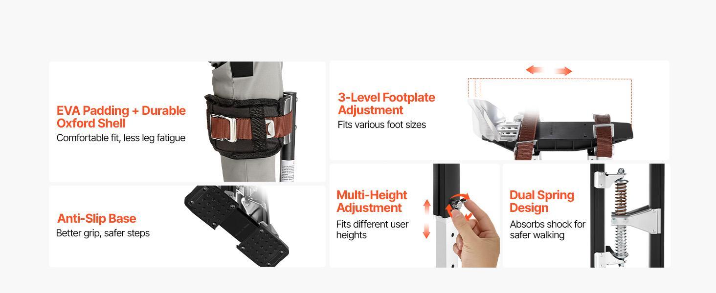 VEVOR Adjustable Height Drywall Stilts - 19.1-31.1 in Aluminum Drywall Tools, 228 lbs Load Capacity, Non-Slip Rubber Feet, Dual Spring Shock Absorb, Comfortable Leg Straps, Oxford Fabric Components, 3 Levels Heel Brackets, for Painters, Black#BackToSchool