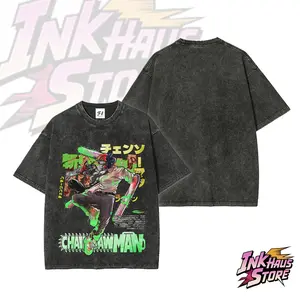 Denji (Chainsaw Man), wearing a white shirt stained with green and red blood -- Short Sleeve Cotton Unisex Retro Wash Tee