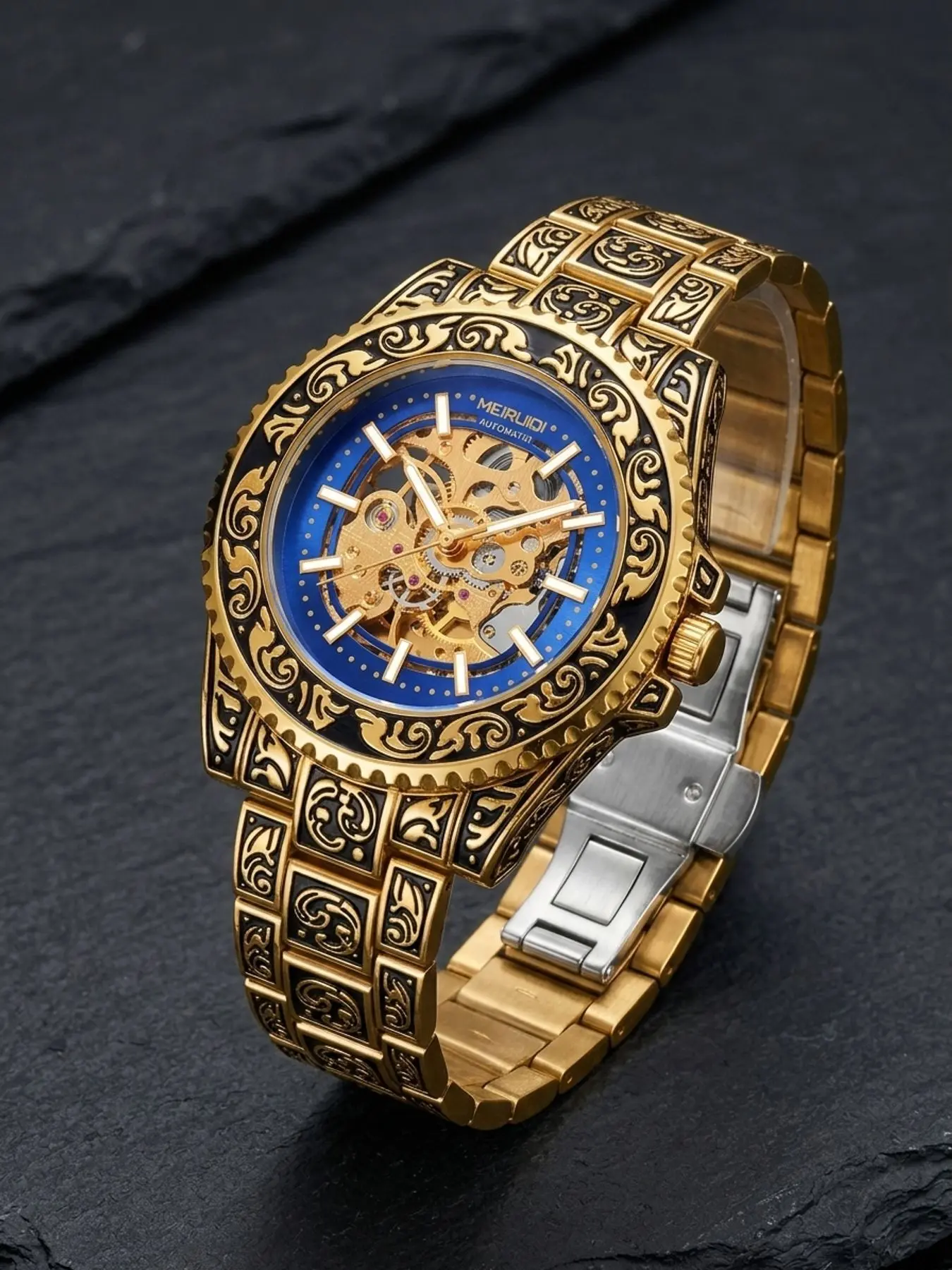A men's hollowed out exquisite pattern red dial, fashionable, personalized, trendy and versatile, men's daily casual mechanical watch with accessories Analog Watch Automatic Watches