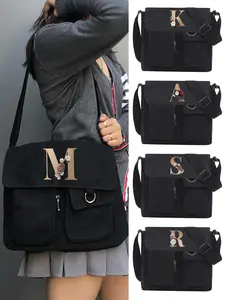 Women's Letter & Flower Pattern Canvas Crossbody Bag, Large Capacity Messenger Bag, Minimalist All-match Crossbody Bag for College & Daily Use, Embellished Shoulder Bag