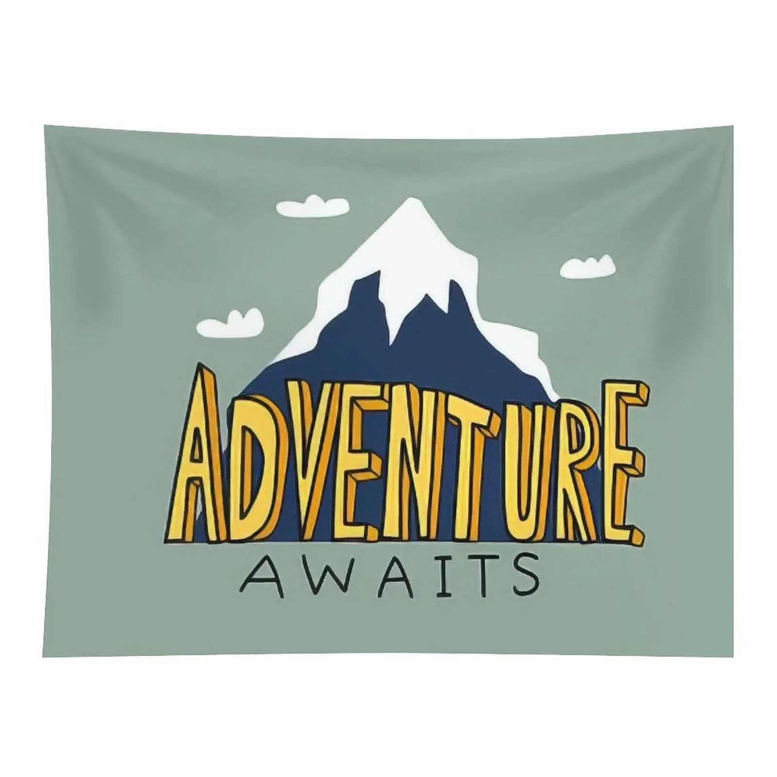 Wall Tapestry with Adventure Awaits Quote Snow Mountain Cloud Cartoon Art for Home Bedroom Dorm Wall Hanging Decor