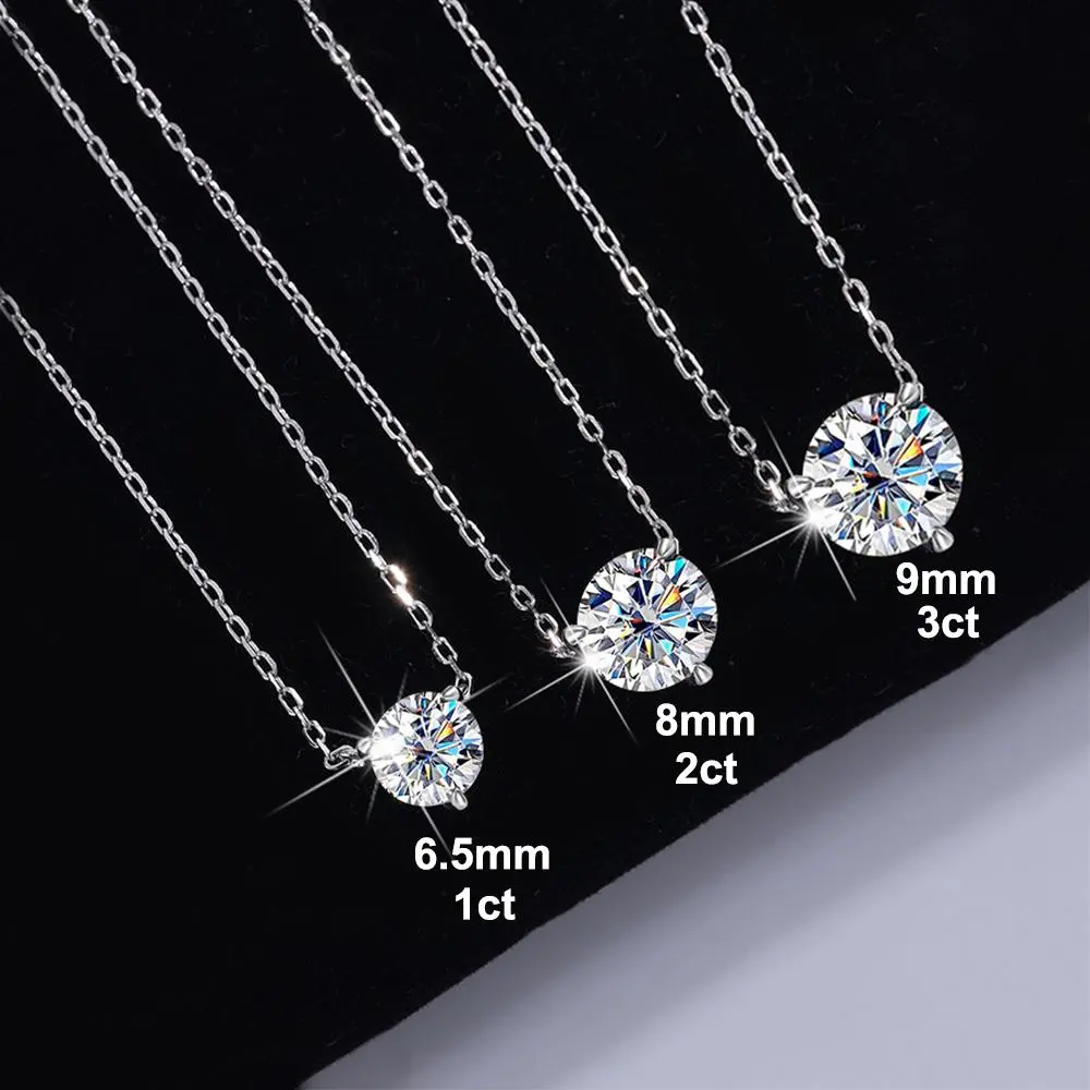 1CT 2CT 3CT Moissanite Necklace for Women Round Cut Lab Diamond 100% 925 Sterling Silver Classic 3 Claws Pendant Wedding Jewelry