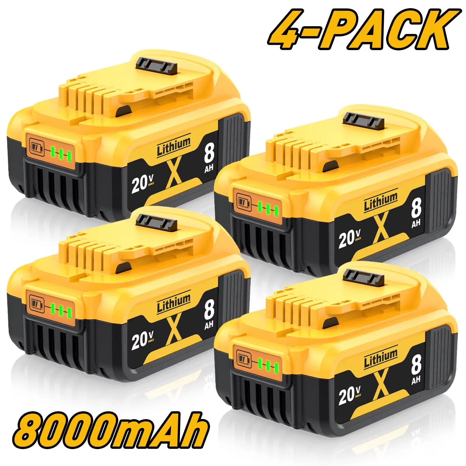4/2/1 Pack 8.0Ah Replacement for Dewalt 20V Battery Lithium ion MAX DCB206 DCB200 DCB205 DCD/DCF/DCG/DCS Series