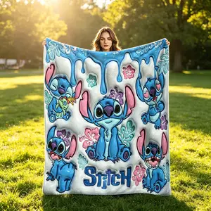 Blue Stitch Floral Nap Blanket, Creative Digital Print Flannel Blanket, Holiday Gift Throw, Wall Hanging, Sofa Bed Cover, Outdoor Travel Multifunctional Blanket, Soft Warm Blanket