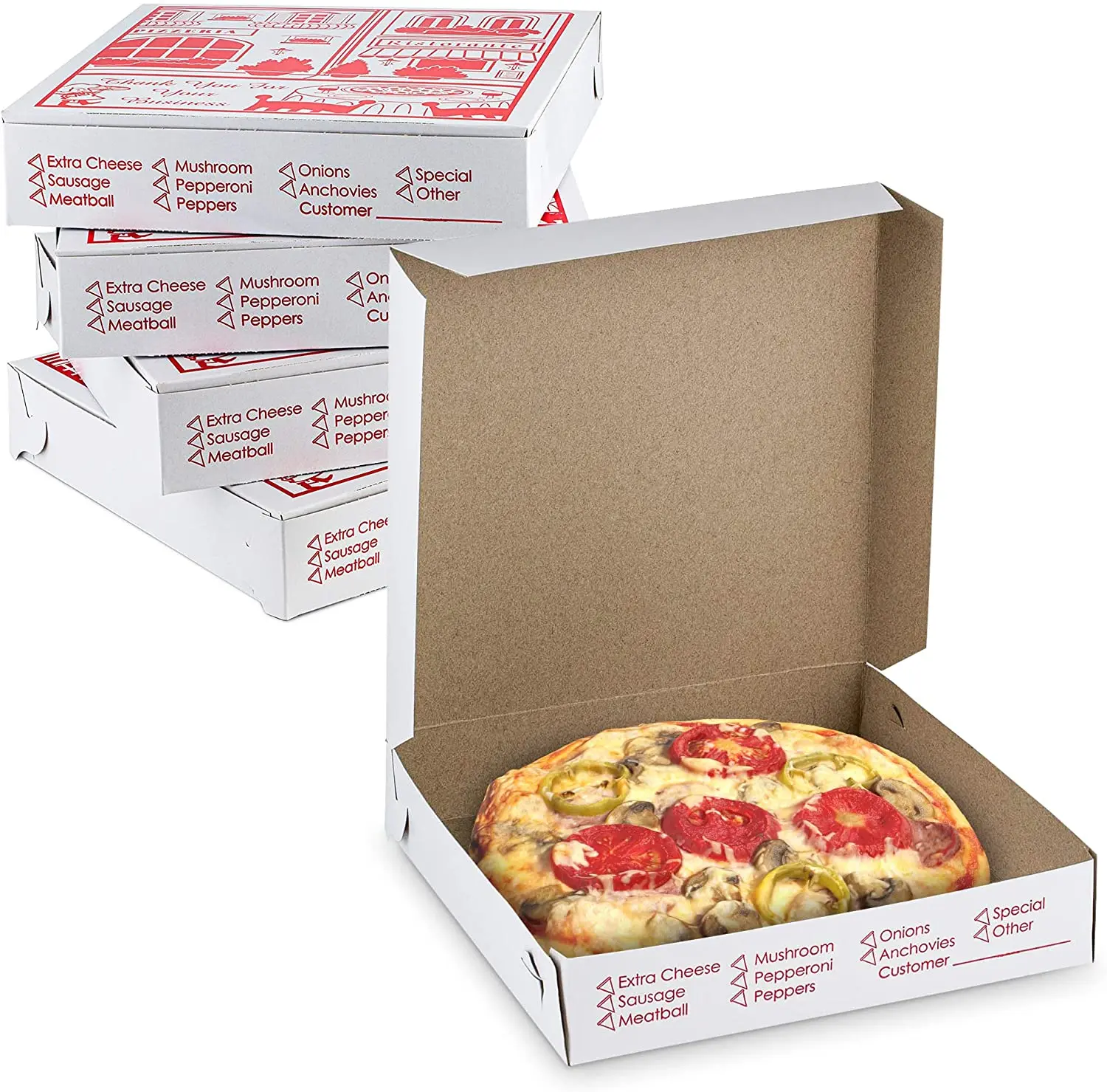 MT Products 12x12x2" Square White Clay Coated Extra Thin Printed Lock Corner Pizza Boxes, Disposable Food Storage for Home & Festive Party Supplies