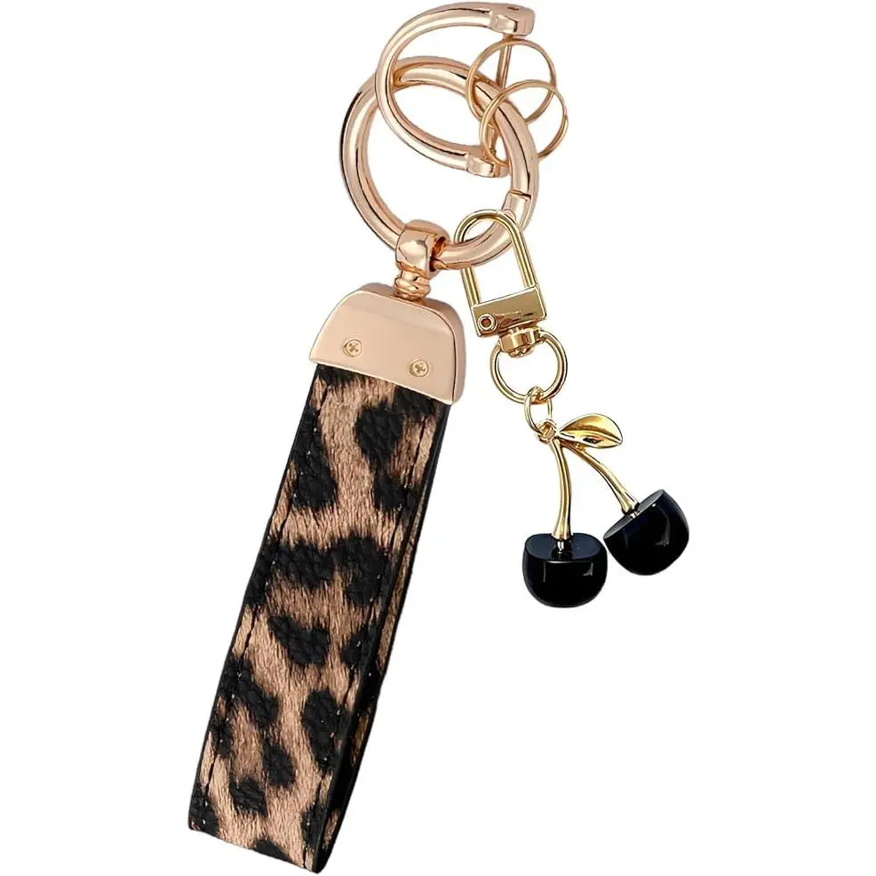 GleamJoy B Cherry Keychain Wristlet Leather Car Keychain for Women Cute Purse Bag Charms Key Fob Holder with Keyrings Gifts