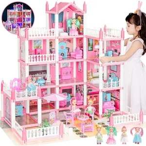 Doll House, Dream Dollhouse for Girls Pretend-Play DIY Dollhouse Kit - 4-Story 11 Rooms Playhouse with 4 Dolls Toy Figures, Furniture and Accessories Set Gift Toy for Kids Ages 3 4 5 6 7 8+ Playset