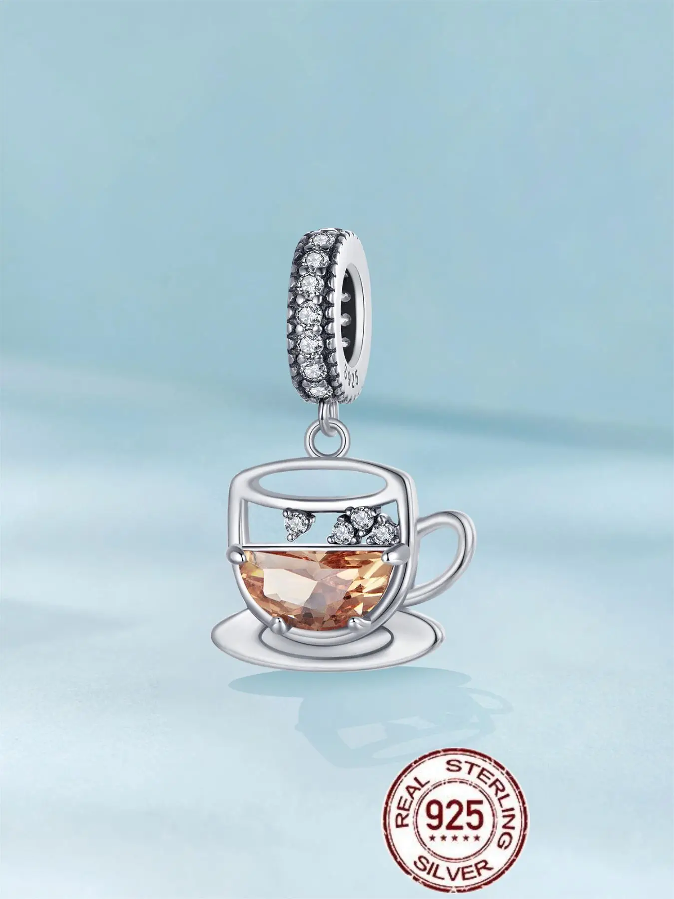 S925 Sterling Silver Hollow Coffee Cup Design Pendant, Fashionable Artificial Zircon Decorated Pendant, DIY Jewelry Accessories for Bracelet Necklace