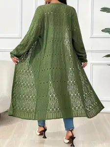 Elegant Plus Size Solid Color Knit Long Coat, Long Sleeve Lace-Up Knit Jacket, Beach Vacation Cover Up, Women's Fashion Outerwear