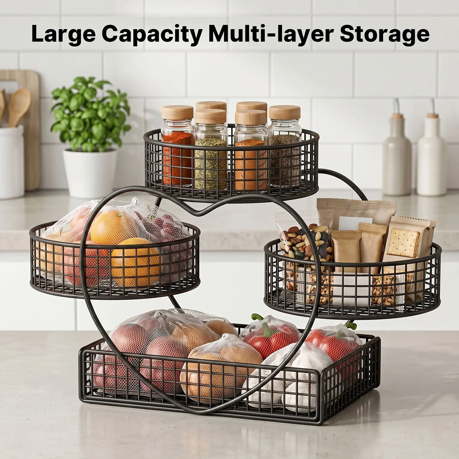 3-Tier Hollow Minimalist Heart-Shaped Metal Storage Organizer - No Assembly Required, Decorative Home Kitchen Countertop Basket, Interior Organizers for Snacks/Fruits, Home Supplies Decoration Gift
