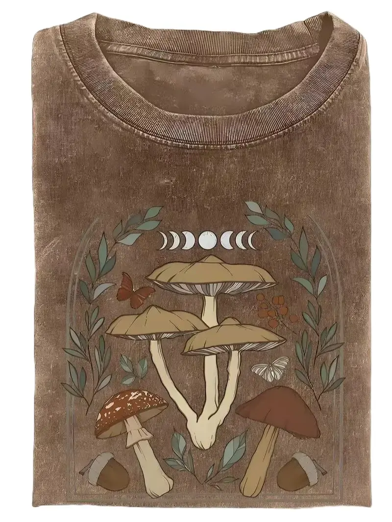 Women's 100% Cotton Vintage Mushroom & Moon Phase Washed Short-Sleeve Top - Forest-Themed, Retro Fits, All-Seasons Casual Wear, Matches Overalls, Tops, Shortsleeve, Comfortable, Print Crewneck Breathable