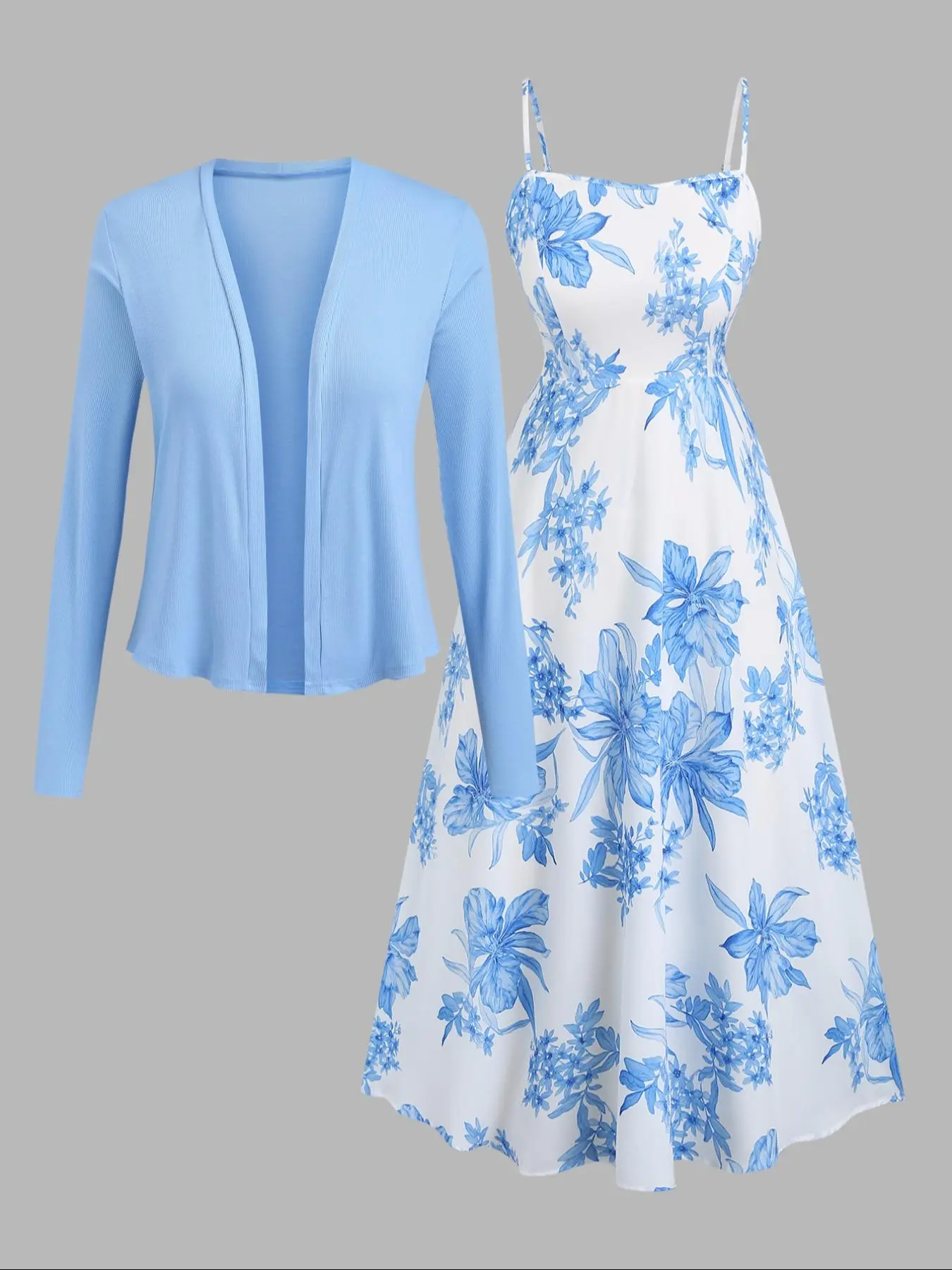 [Plus Size] Plain Open Front Outwear & Boho Floral Printed Dress Set, Casual Long Sleeve Outerwear & Cami Dress, Women's Two-piece Outfits for Holiday Vacation, Casual Comfy Chic, Casual Beach Style, Casual Boho Elegant, Womenswear