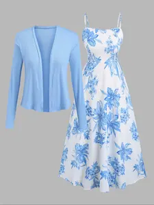 [Plus Size] Plain Open Front Outwear & Floral Print Dress Set, Casual Long Sleeve Outerwear & Cami Dress, Women's Two-piece Outfits for Holiday Vacation, Casual Comfy Chic, Casual Beach Style, Casual Boho Elegant, Womenswear