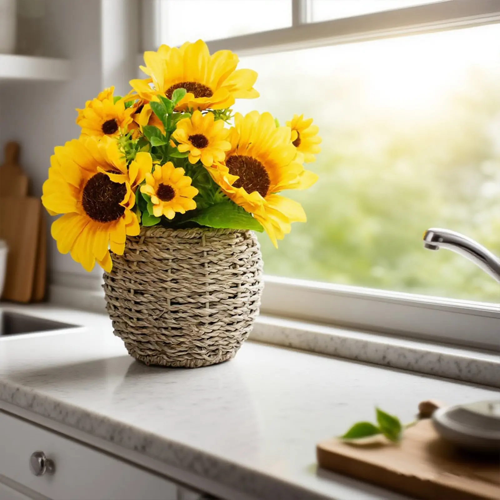 1pc Artificial Sunflower Plant with A Basket, Artificial Flower Decorations, Home Decoration Bouquet, Decorative Flowers, Spring Faux Greeny Potted Plant, All-season Suitable for Any Room, Indoor/outdoor Home Decor