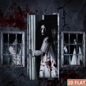 1set-3 Pcs 2D FLAT Scary Halloween Party Banner, Window Door Covers Set Halloween Scary Window Curtain and Door Cover Spooky Silhouette Props Poster for House Decor(Female Ghost)