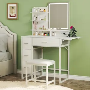 Makeup Vanity Desk with Mirror and Lights, 36.6" Small Makeup Vanity with 4 Fabric Storage Drawer & Chair & Shelves, White Vanity with Fold-up Panel and Power Outlet for Bedroom