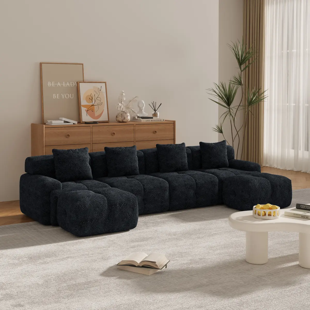 Aobtkel 135.4" 6-Piece U-Shaped Boneless Sectional Sofa Bed Chaise - Extra-Wide 4-Seater Convertible Block Cloud Tufted Floor Corner Couch Set with 2 Ottomans, 4 Pillows, Dark-Colored Cloud-Soft Couch for Living Room, Charcoal, Boneless Sectional Couch