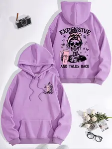 Women's Casual Skull Print Fleece Hoodie with Front Pocket, Comfortable Fit Winter Pullover Sweatshirt, Everyday Fall & Winter Wear