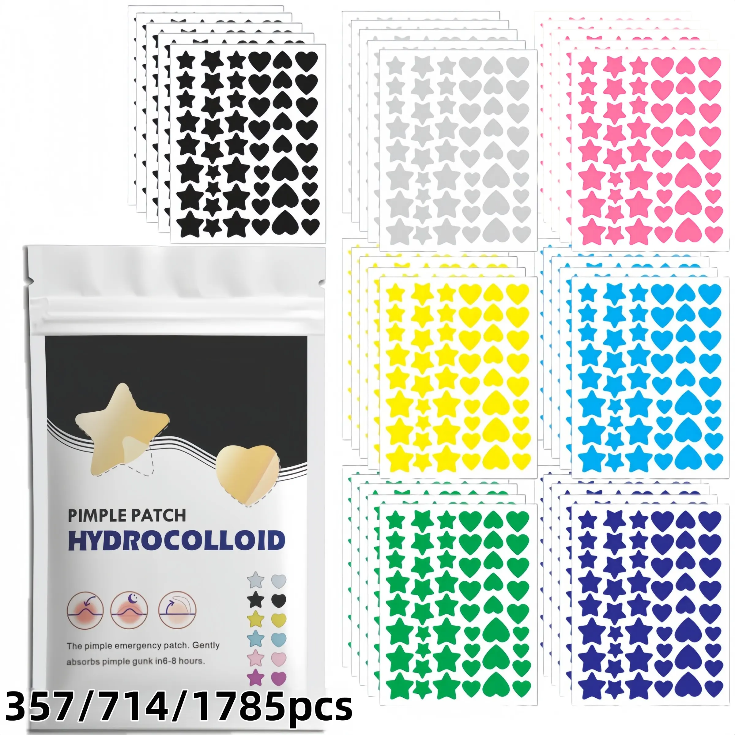 357/714pcs Star & Heart PIMPLE PATCH – Mixed Shapes Set for Face Care, Skin Care For Teens | Deep-Cleansing, Non-Irritating Hydrocolloid Patches for All Skin Types | Unisex Invisible Acne Stickers, Skincare for Daily Use, Pimple Covers