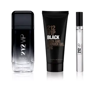 Carolina Herrera 212 Vip Black for Men 3-Piece Hair And Body Set (3.4 Ounce Eau de Parfum + 3.4 Ounce Shower Gel + 0.34 Ounce Eau de Parfum)