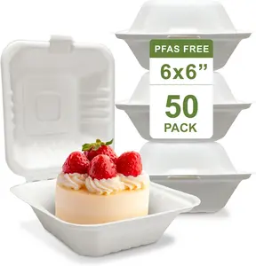6 X 6" White Compostable Clamshell Food Containers, To go food container Heavy-Duty Square Hinged Container, Disposable Bagasse Eco-Friendly Natural Takeout Box