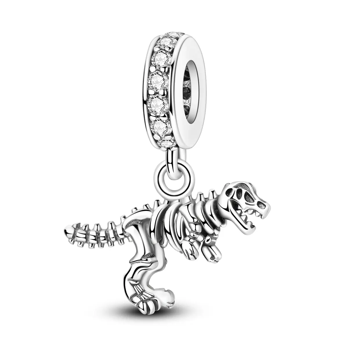 MULA S925 Silver-Plated Fierce Tyrannosaurus Rex Dinosaur Skeleton Fossil Pendant, Animal Charm for Pandora Bracelets & Necklaces, Cool Costume Jewelry Gift for Science Lovers, Animal Charms Charms & Pendants
