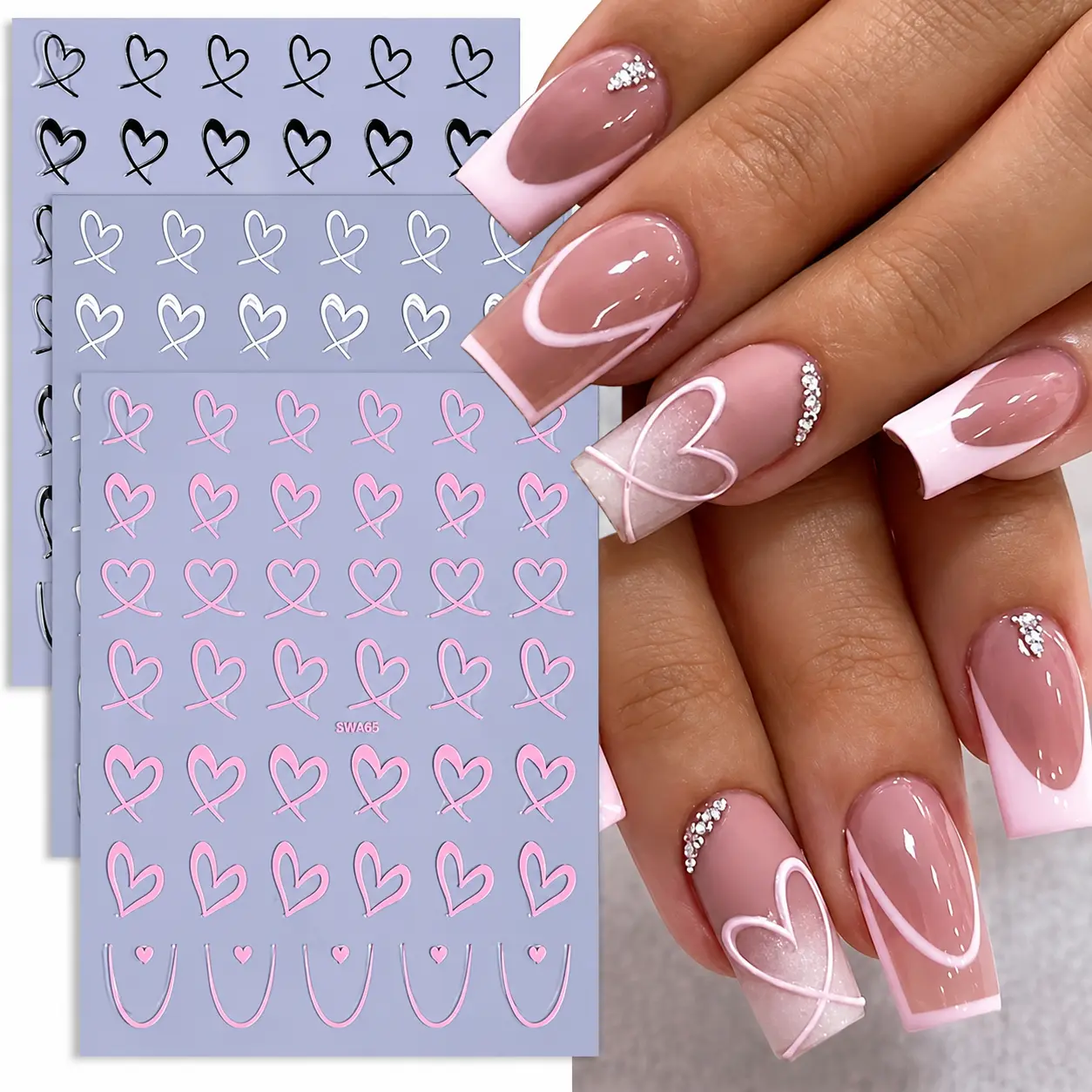 3 Sheets Heart Nail Art Stickers – Self Adhesive Nail Decals for French Tip Designs, DIY Manicures, Date Nights, Parties & Everyday Nail Looks