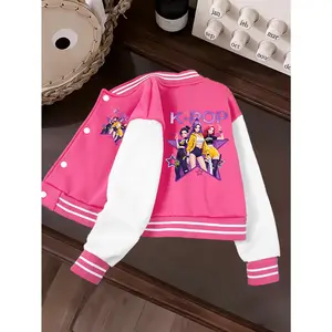 Girls Cropped Jacket with Print of Three K-Pop Style Fashion Characters, Suitable for Spring, Summer & Fall, Great for New Year, Birthdays, Festivals & Outdoor Activities, Available in Multiple Colors