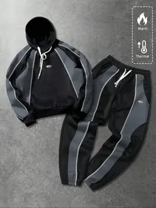 Men's Hooded Sweatshirt Set Fall & Winter Casual Streetwear, American English Print Patchwork Hoodie, Unisex Long Sleeve Loose Fit Menswear Clothes