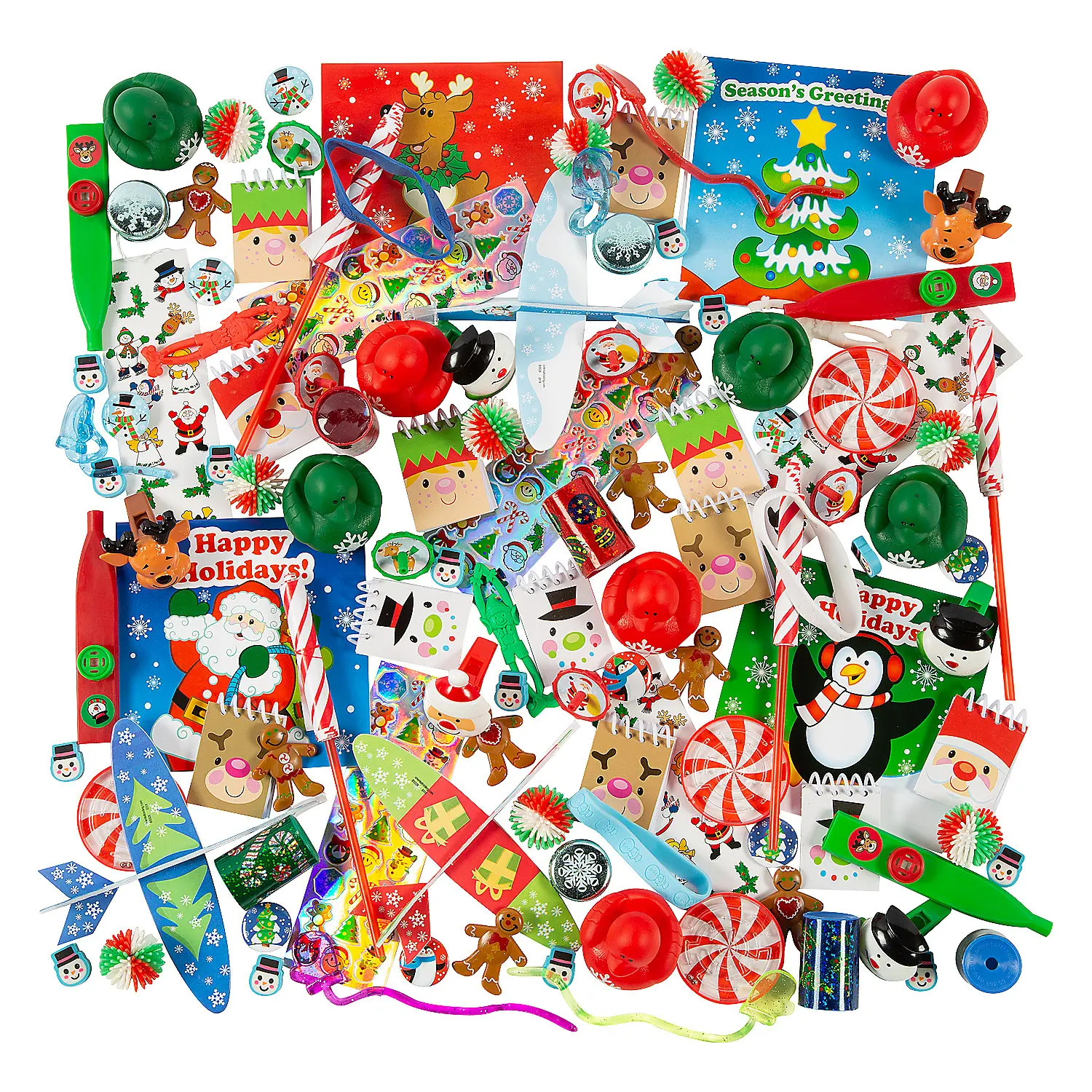 1000-Pc Bulk Variety Multicolor Christmas Toys Assortment - Rubber & Plastic Party Bag Stuffer Gifts, 2 in 1 Holiday Gag Gifts, Classroom Rewards with Toys, Stationery & Handouts for Children
