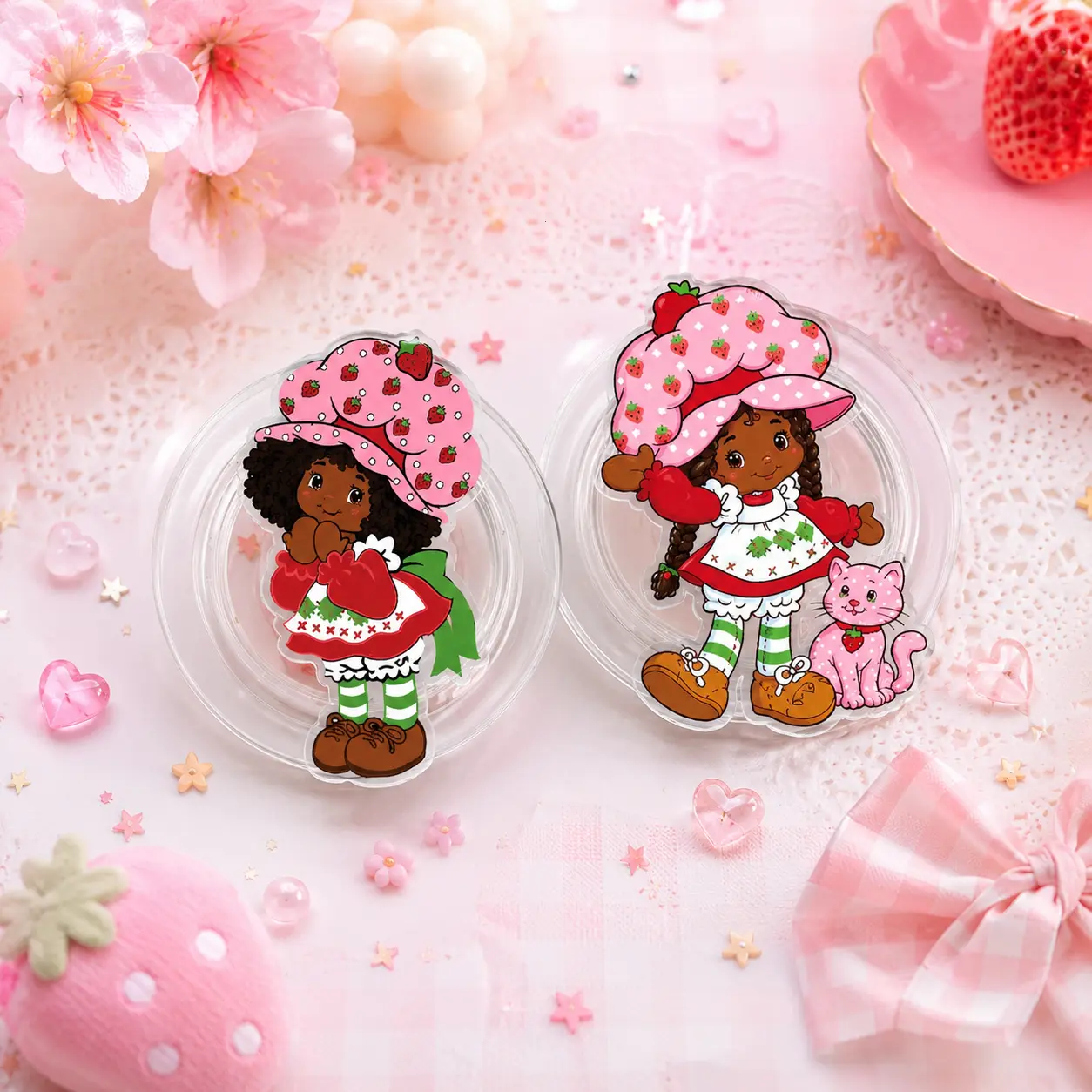 Vintage Strawberry Girl MagSafe Phone Grip, Coquette Afro Girl Phone Holder, Strawberry Girl Acrylic Phone Accessories, Kawaii Fruit Girl Kindle Grip, Gift For Her