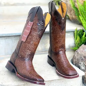 Women's Western Boots Hand-Tooled Print Square Toe