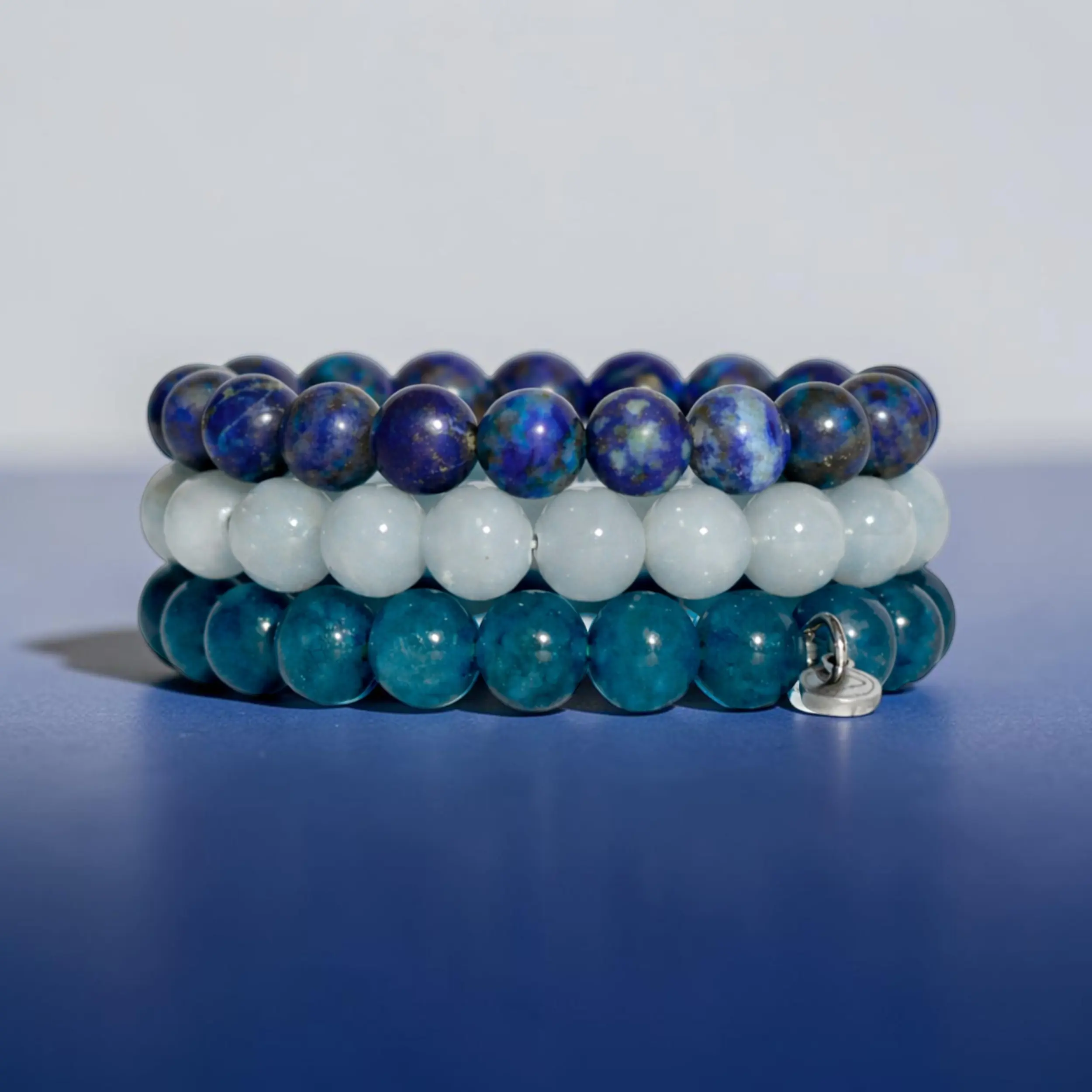 Communication Bracelet Pack, Otter Spirit, Women, 8mm Beads, Crystal Bracelet Set of 3, Angelite, Blue Apatite, Lapis Lazuli, Communication, Expression, Sterling Silver Otter Charm