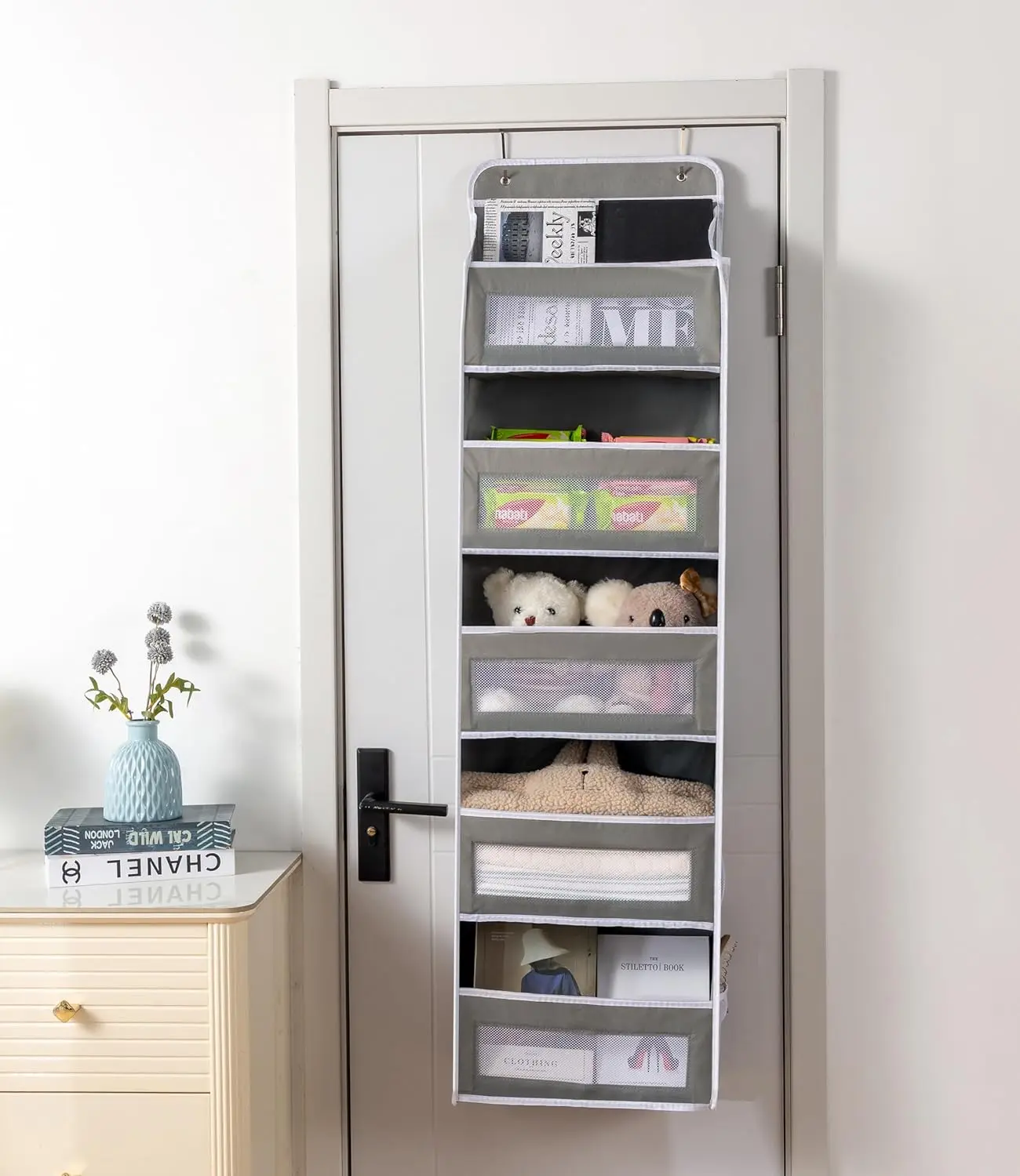 Heavy Duty 5 Tier Over-The-Door Organizer Grey 1 Pack, Anti-Tilt Hanging Storage with 5 Pockets Clear Windows 48lbs Capacity, Over Door Storage Organizer for Bathroom Kitchen Closet Small Space Organization