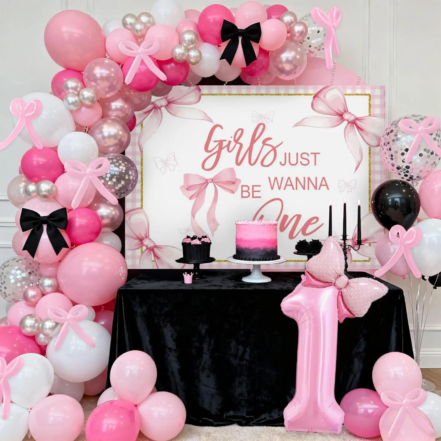 Girls 1st Birthday Party Backdrop Decor, Pink Bow Coquette Banner & Balloons Set for Girl's First Birthday, Baby Shower Home Festive Party Supplies