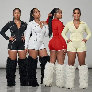 European and American fashion women's slim-fit zippered long-sleeve thumb-hole top and shorts two-piece sports suit