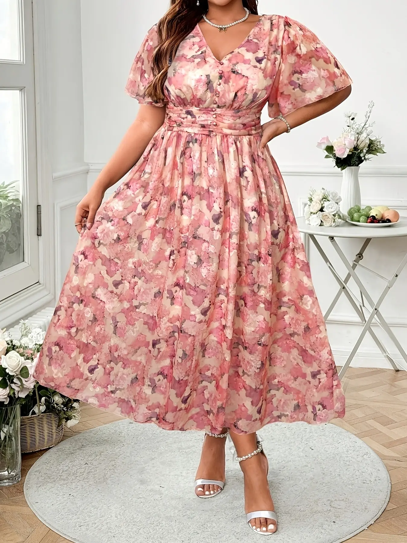 Women's Plus Size Spring & Summer Fashionable Casual Elegant Lightweight Chiffon Print Dress, Stylish and Comfortable, Ideal for Daily Wear