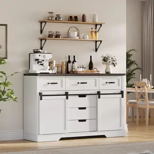 GARVEE 47.2" Farmhouse Buffet Cabinet, Sideboard Cabinet with 6 Drawers, White Coffee Bar with Sliding Barn Doors for Dinning Room, Kitchen, Living Room