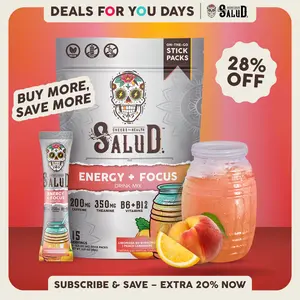 Salud 2-in-1 [Energy + Focus – Peach Lemonade] Clean Energy Drink Mix, Agua Fresca,  Organic Caffeine, B6 & B12, L-Theanine, Drink Packets, Non-GMO, Gluten Free, Vegan, Low Calorie, 1g Sugar (15 Servings), Deals For You Days