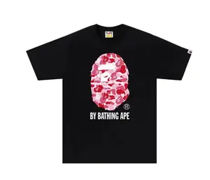 Bathing Ape APE ABC Camo Tee Black/Pink Short Sleeve Crew Neck Casual Summer T-Shirt with Iconic Ape Head Design and Plaid Pattern