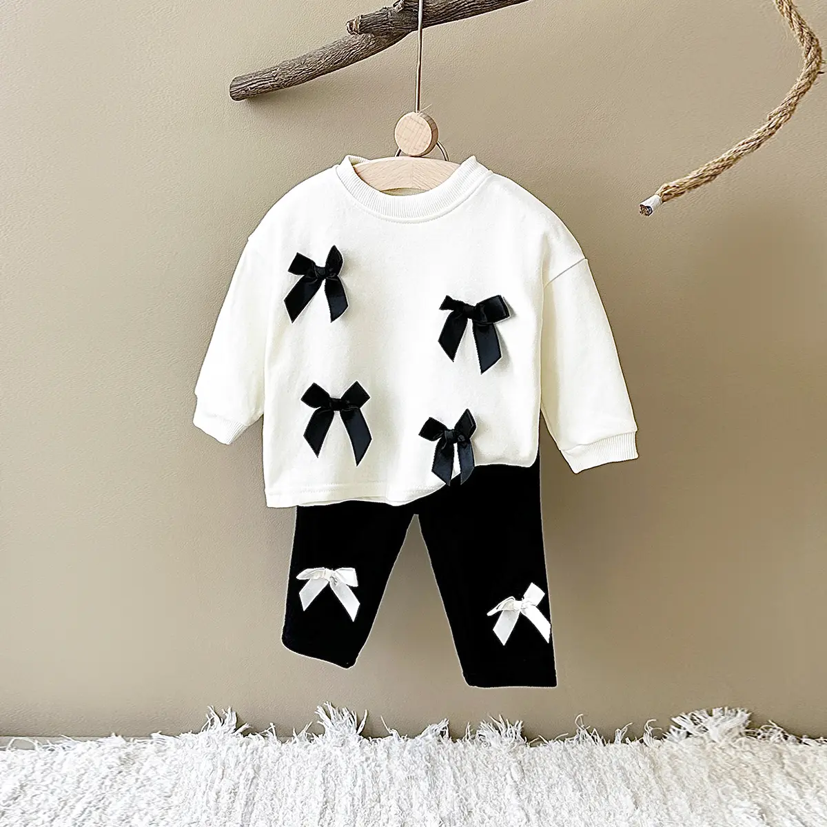Baby Clothing 2-Piece Outfit, Cute Bow French Terry Crew Neck Sweatshirt and Textured Pants Set, Toddler Girl Fall Style, Toddler Style, Long Sleeve Shirt